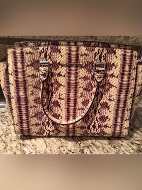Michael Kors Cream and Burgundy Snake-Print Satchel